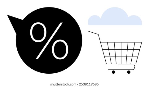 Shopping concept. A stylized shopping cart and a large percentage symbol in a speech bubble highlight consumer interests in discounts and online shopping. Ideal for e-commerce, sales, promotions