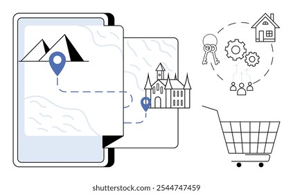 Shopping concept. Tablet showcasing a map with destinations and a house. Ideal for real estate, travel planning, e-commerce solutions, technology interfaces, and online shopping