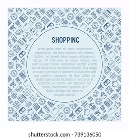 Shopping concept with thin line icons: cashbox, payment, pos terminal, piggy bank, sale, currency, credit card, trolley. Template for web page of online shop. Vector illustration with place for text.