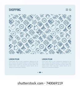 Shopping concept with thin line icons: cashbox, payment, pos terminal, piggy bank, sale, currency, credit card, trolley. Template for web page of online shop. Vector illustration with place for text.