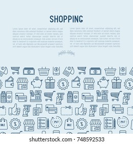 Shopping concept with thin line icons: cashbox, payment, pos terminal, piggy bank, sale, currency, credit card, trolley. Vector illustration for banner, print media.