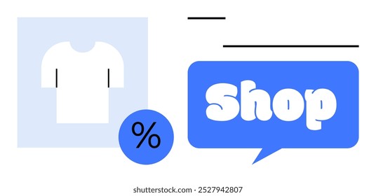 Shopping concept with a t-shirt and a discount percentage icon. Speech bubble with word Shop. Ideal for online stores, discounts, sales, promotions, and e-commerce. Minimalist, clean, modern style