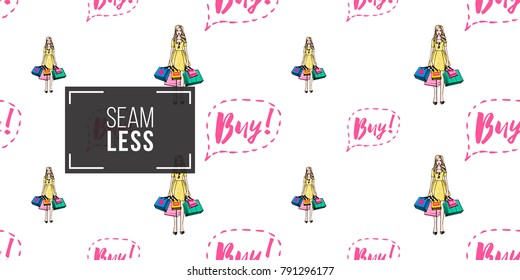 Shopping concept. Vector buy bubble and surprised shopper woman seamless pattern. Fashion illustration, patches, stickers. Hand drawn background in vogue style.