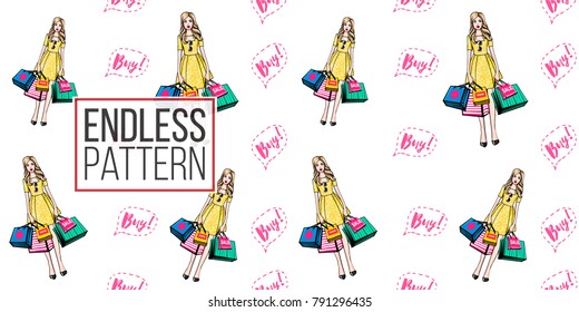 Shopping concept. Vector buy bubble and surprised shopper woman seamless pattern. Fashion illustration, patches, stickers. Hand drawn background in vogue style.
