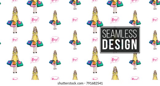 Shopping concept. Vector buy bubble and surprised shopper woman seamless pattern. Fashion illustration, patches, stickers. Hand drawn background in vogue style.