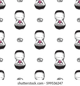 Shopping concept. Vector buy now label and engagement ring box seamless pattern. Fashion illustration, patches, stickers. Hand sketched background.