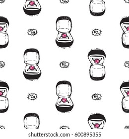 Shopping concept. Vector buy now label and engagement ring box seamless pattern. Fashion illustration, patches, stickers. Hand sketched background.