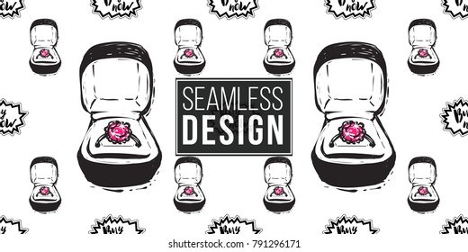 Shopping concept. Vector buy now label and engagement ring box seamless pattern. Fashion illustration, patches, stickers. Hand drawn background.