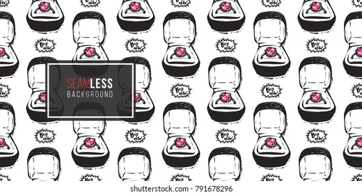 Shopping concept. Vector buy now label and engagement ring box seamless pattern. Fashion illustration, patches, stickers. Hand drawn background.
