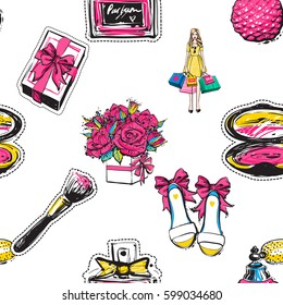 Shopping concept. Vector seamless pattern with gift box, french perfume, bride shoes, bouquet of roses, surprised shopper woman, makeup brush, blush. Fashion patch, sticker. Hand sketched background.
