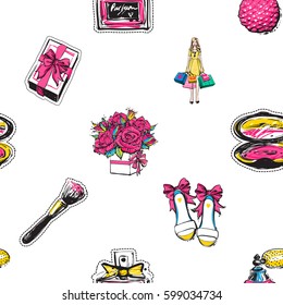 Shopping concept. Vector seamless pattern with gift box, french perfume, bride shoes, bouquet of roses, surprised shopper woman, makeup brush, blush. Fashion patch, sticker. Hand sketched background.