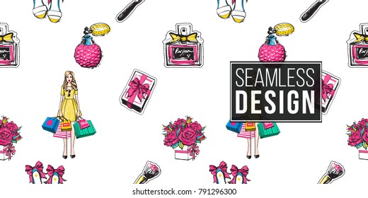 Shopping concept. Vector seamless pattern with gift box, french perfume, bride shoes, bouquet of roses, surprised shopper woman, makeup brush, blush. Fashion patch, sticker. Hand drawn background.