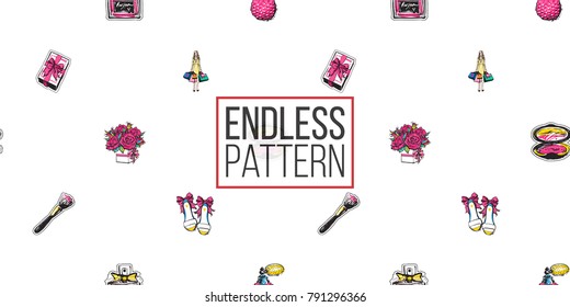 Shopping concept. Vector seamless pattern with gift box, french perfume, bride shoes, bouquet of roses, surprised shopper woman, makeup brush, blush. Fashion patch, sticker. Hand drawn background.