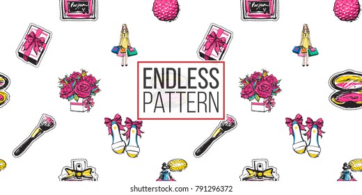 Shopping concept. Vector seamless pattern with gift box, french perfume, bride shoes, bouquet of roses, surprised shopper woman, makeup brush, blush. Fashion patch, sticker. Hand drawn background.