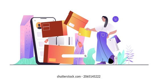 Shopping concept for web banner. Woman buys online, shopper makes purchases and receives online orders at store, modern people scene. Vector illustration in flat cartoon design with person characters