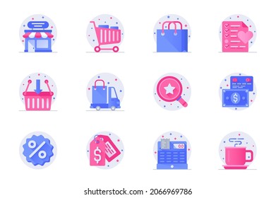 Concepto de compras iconos web de color plano con conjunto de sombras. Empaque pictogramas de tienda, entrega, pedido, pago, descuento, venta, precio y otros. Ilustración vectorial de símbolos para el diseño de aplicaciones móviles de sitios web