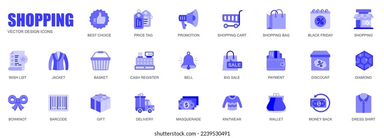 Shopping concept of web icons set in simple flat design. Pack of best choice, price tag, promotion, cart, bag, black friday, wish list, discount, sale and other. Vector blue pictograms for mobile app