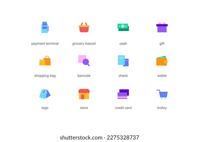 Concepto de compra de iconos web establecidos en diseño plano de color. Terminal de pago, cesta de comestibles, efectivo, regalo, bolso, código de barras, cheque, cartera, tienda, carro y otros. Pictogramas vectoriales para aplicación móvil