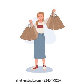 Shopping concept. woman showing her shopping bags. Flat cartoon vector illustration