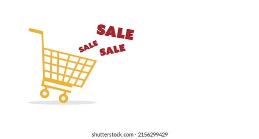 Shopping concept. Yellow shopping cart with red text sale on white background. Online shop, black Friday, and mid-years sale.  
