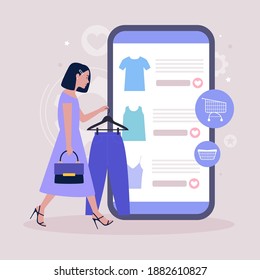 Shopping concept. Young woman holding a hanger with clothes.  Online shopping via smartphone. Vector illustration in a flat style