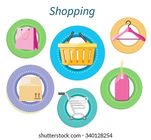 Shopping consumerism flat design style. Marketing shop, hanger and basket, trolley and purchase illustration