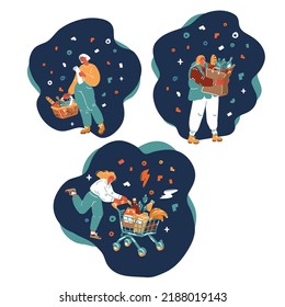 shopping, consumerism and people concept. Women with food basket at grocery store or supermarket concept over dark backround
