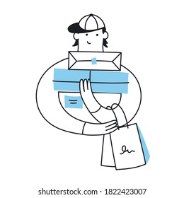 Shopping, cool guy with shopping bags and purchases in his hands. Customer, sales time, courier delivery of orders from the shop. Flat line vector icon illustration on white background.