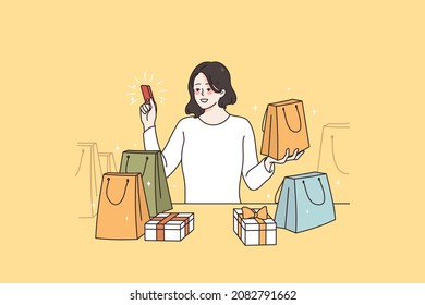 Shopping with credit card concept. Smiling asian woman standing with many shopping bags holding red credit card in hand feeling positive vector illustration 