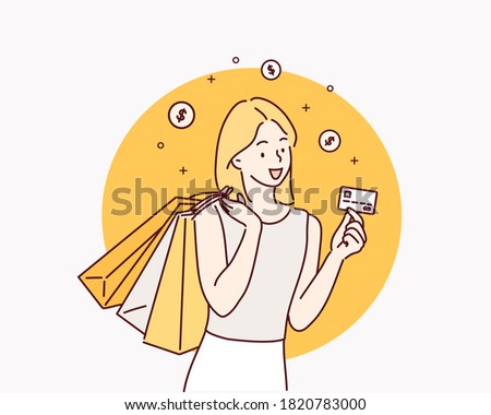 Shopping with credit card. Hand drawn style vector design illustrations.
