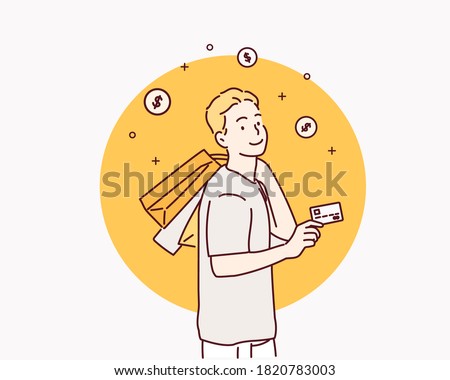 Shopping with credit card. Hand drawn style vector design illustrations.