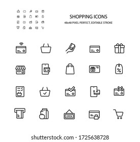 Icono de línea simple de compra y tarjeta de crédito conjunto de ilustración vectorial. Trazo editable. 48x48 Pixel Perfecto. Contiene iconos: tienda, regalo, bolso de compra, cartel de venta, lista de compras, pago, tarjeta de bloqueo, atm. 