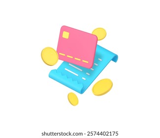 Shopping credit debit card payment invoice approved bill 3d icon realistic vector illustration. Paying check receipt financial document for purchase buying cash and cashless retail