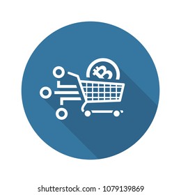 Shopping with Crybtocurrency Icon. Modern financial technology sign. Digital graphic symbol. Shopping Cart with Bitcoin coin inside. Concept design elements.