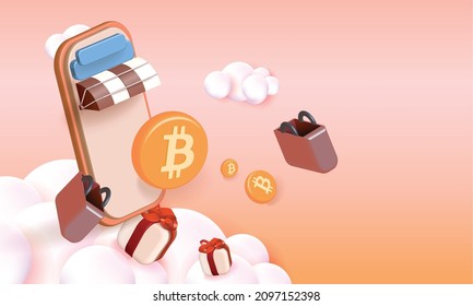 shopping and crypto on phone Banner Vector illustration 3d banking BTC gold cion cash trade money market sell business.