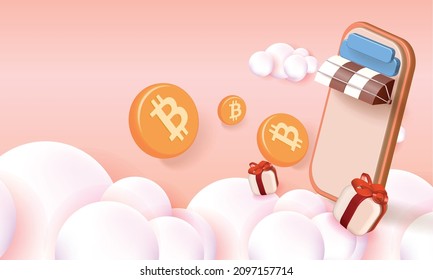 shopping and crypto on phone Banner Vector illustration 3d banking BTC gold cion cash trade money market sell business.