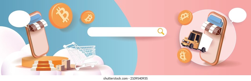 compra y cripto por teléfono Banner Vector ilustración 3d banca BTC oro comercio de efectivo mercado de venta de negocios.