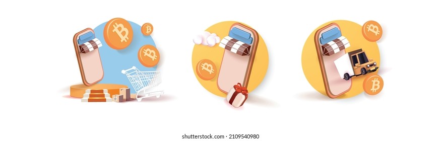 shopping and crypto on phone Banner Vector illustration 3d banking BTC gold cion cash trade money market sell business.