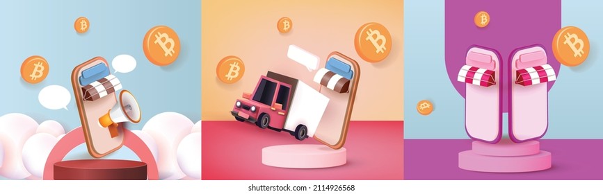 shopping and crypto on phone Banner Vector illustration 3d banking BTC gold cion cash trade money market sell business.