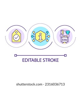 Comprar con el icono de concepto de bucle criptodivisa. Pagar por productos con criptografía. Ilustración de línea delgada de idea abstracta de integración de Blockchain. Dibujo de contorno aislado. Trazo editable. Tipo de letra arial utilizado