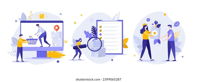 Shopping customer service flat concept vector illustrations set. Internet orders delivery control cartoon composition. E-commerce benefits for client creative idea for website, presentation