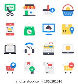 Juego de iconos planos de compras y servicios al cliente 