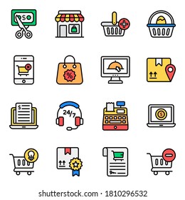 Shopping and Customer Services Flat Outline Icons Set 