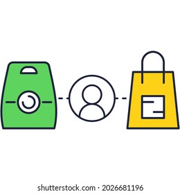 Icono de vector del cliente de compra. avatar de perfil humano de avatar y bolsas de compra. Concepto de intercambio de compradores