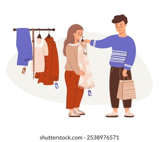 Shopping. Cute couple buyers man and girl try on dress at sale. Nearby fashionable Clothing items on hangers. Vector illustration. Holiday shopper character, purchase concept, Black Friday.