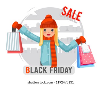 Shopping cute girl black friday sale bag package purchase shop background design flat character vector illustration