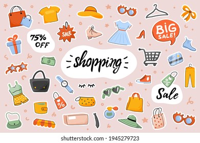 Shopping cute stickers template set  Bundle clothes  shoes  accessories  purchases bags  shop items  Big sale discount prices  Scrapbooking elements  Vector illustration in flat cartoon design