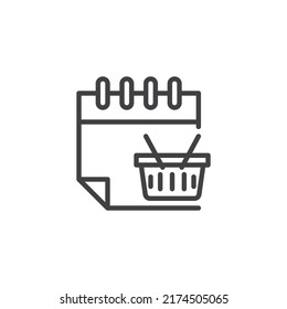 Shopping date line icon. linear style sign for mobile concept and web design. Calendar and shopping basket outline vector icon. Symbol, logo illustration. Vector graphics