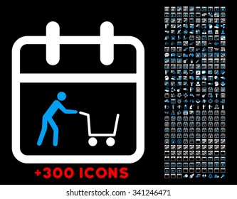 Shopping Date vector icon with additional 300 date and time management pictograms. Style is bicolor flat symbols, blue and white colors, rounded angles, black background.