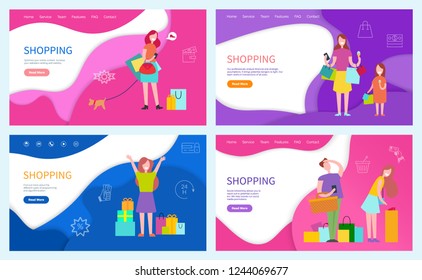 Shopping daughter and mother walking with bags vector. Lady thinking of going to shoe store and buy boots. Couple woman and man, annoyed of shops